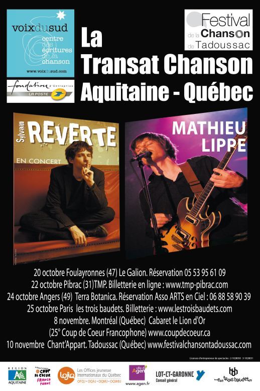 La tournée Transat chanson Aquitaine-Québec à Paris et en province La tournée Transat chanson Aquitaine-Québec à Paris et en province
