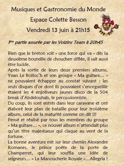 Ne manquez pas la Manoucherie Royale d'Yvan Le Bolloc'h !!! Ne manquez pas la Manoucherie Royale d'Yvan Le Bolloc'h !!!