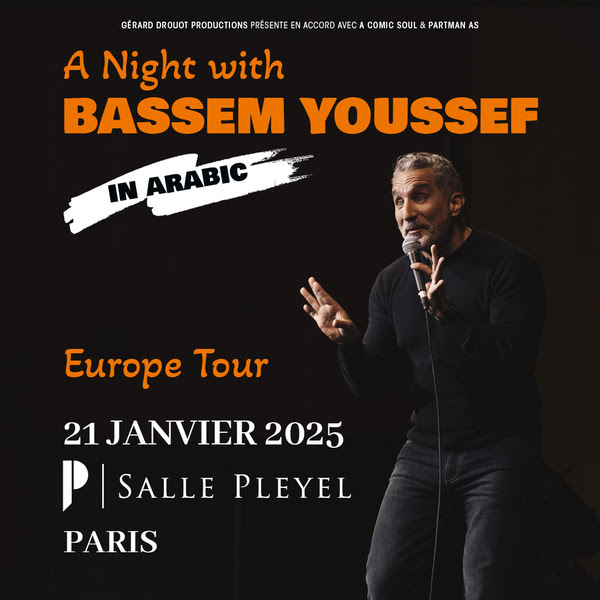 Bassem Youssef arrive à Paris à la Salle Pleyel le 21/01/202 - A Night with Bassem Youssef Bassem Youssef arrive à Paris à la Salle Pleyel le 21/01/202 - A Night with Bassem Youssef