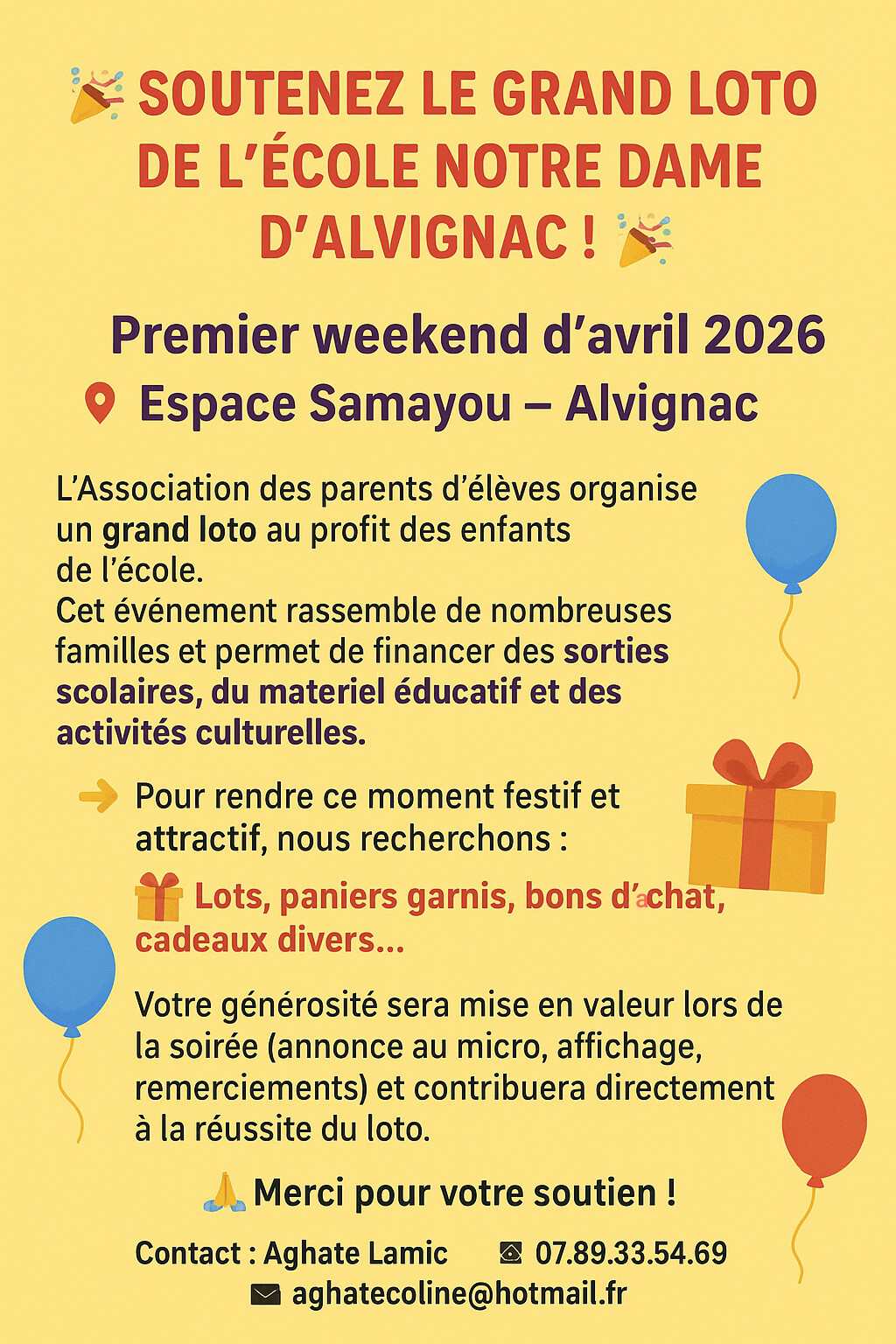 L’Association des parents d’élèves de l’école Notre Dame d’Alvignac organise son premier grand loto