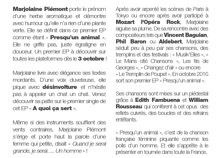 Marjolaine Piémont ne griffe pas et dévoile sa patte sur un EP