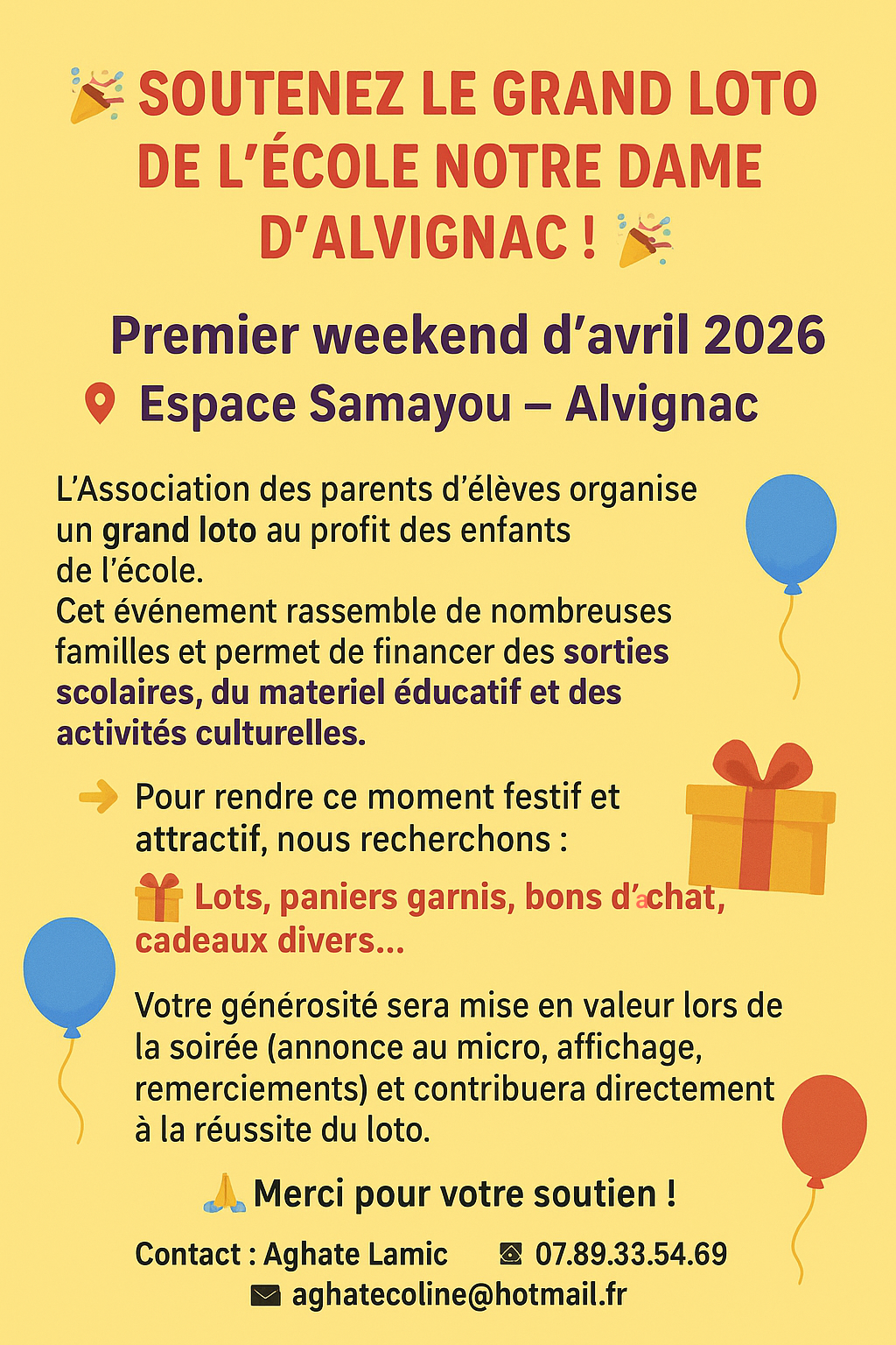 L’Association des parents d’élèves de l’école Notre Dame d’Alvignac organise son premier grand loto