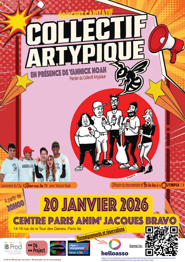 Yannick Noah et le Collectif Artypique en concert caritatif à Paris le 20 janvier 2026, venez nombreux !
